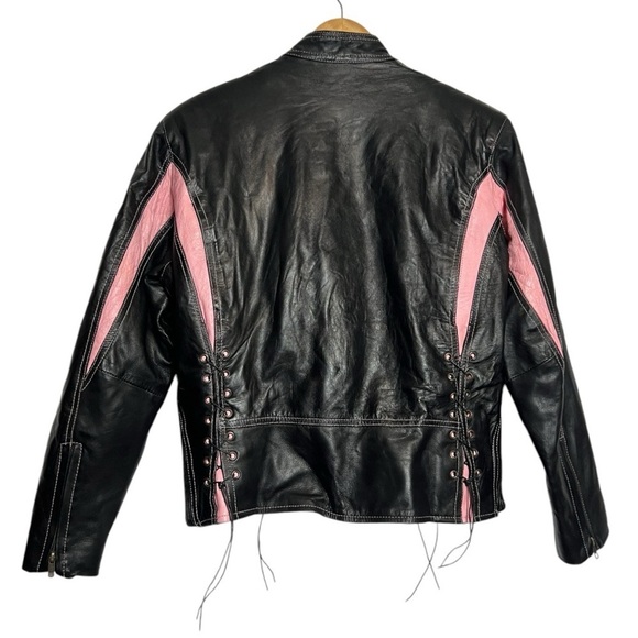 Zony Inc Leather Motorcycle Jacket Black With Pink Racing Stripes Medium - Picture 3 of 16